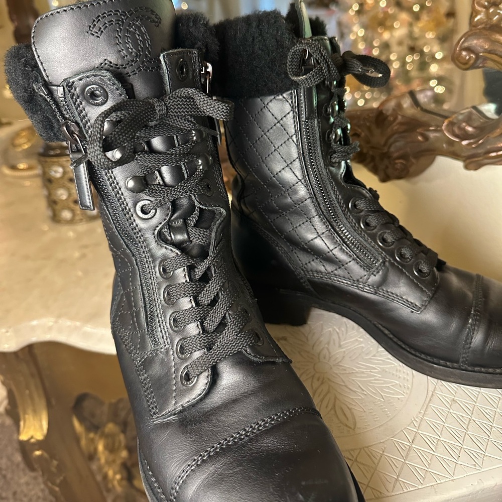 CHANEL CC Logo Leather Combat Boots 8.5